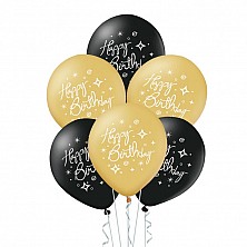 Balony Happy Birthday Gold Black Hel 6 sztuk